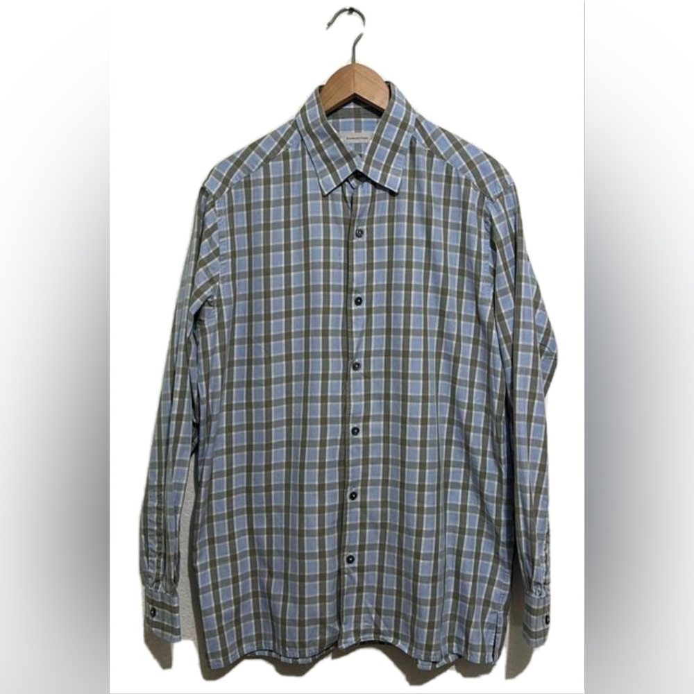*Ermenegildo Zegna Mens Sz L Long Sleeve Shirt Blue Gray Plaid Button Up
